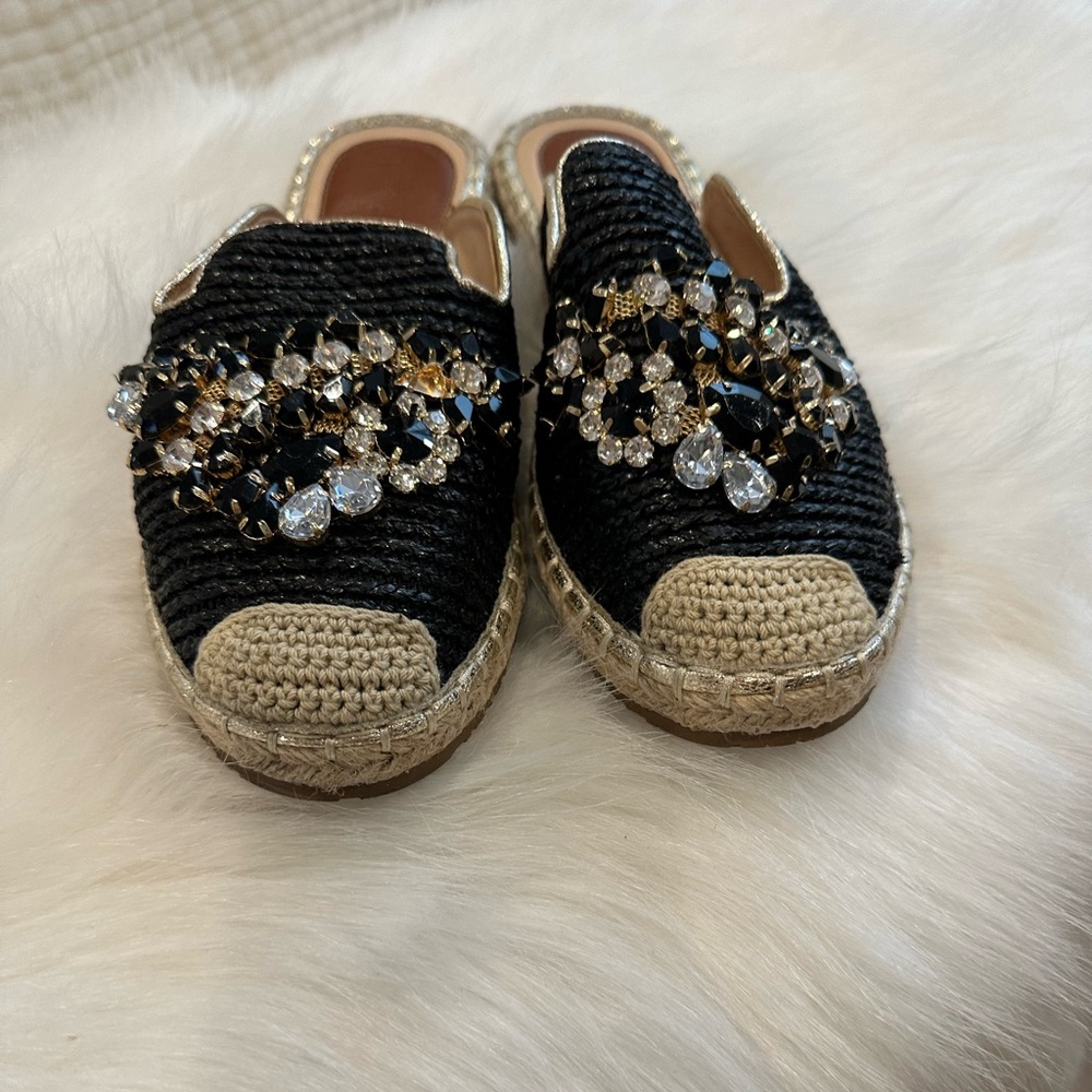 Beaded Black Espadrille Mules - Women